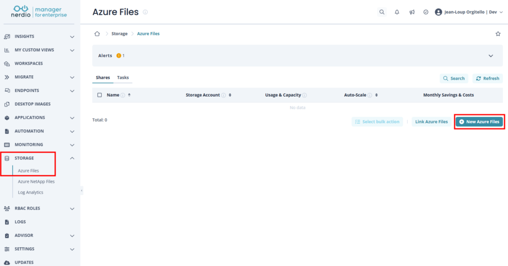 Nerdio Manager — wizard Add Azure Files Share avec le choix entre storage account existant ou création complète