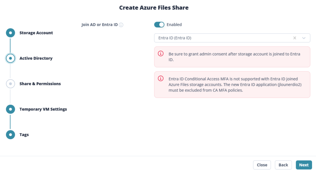 Wizard Nerdio — étape 2 : toggle Join Entra ID activé avec les deux warnings admin consent et exclusion CA MFA