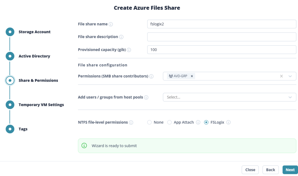 Wizard Nerdio — étape 3 Share & Permissions : NTFS Permission Preset FSLogix sélectionné et restriction par host pool