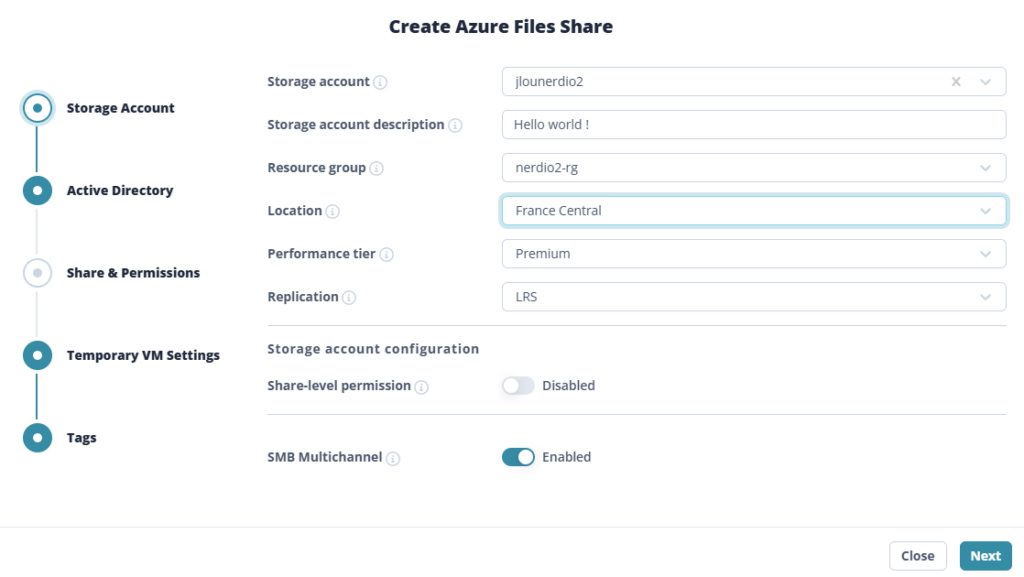 Wizard Nerdio — étape 1 : configuration du Storage Account (nom, resource group, région, SKU, réplication)