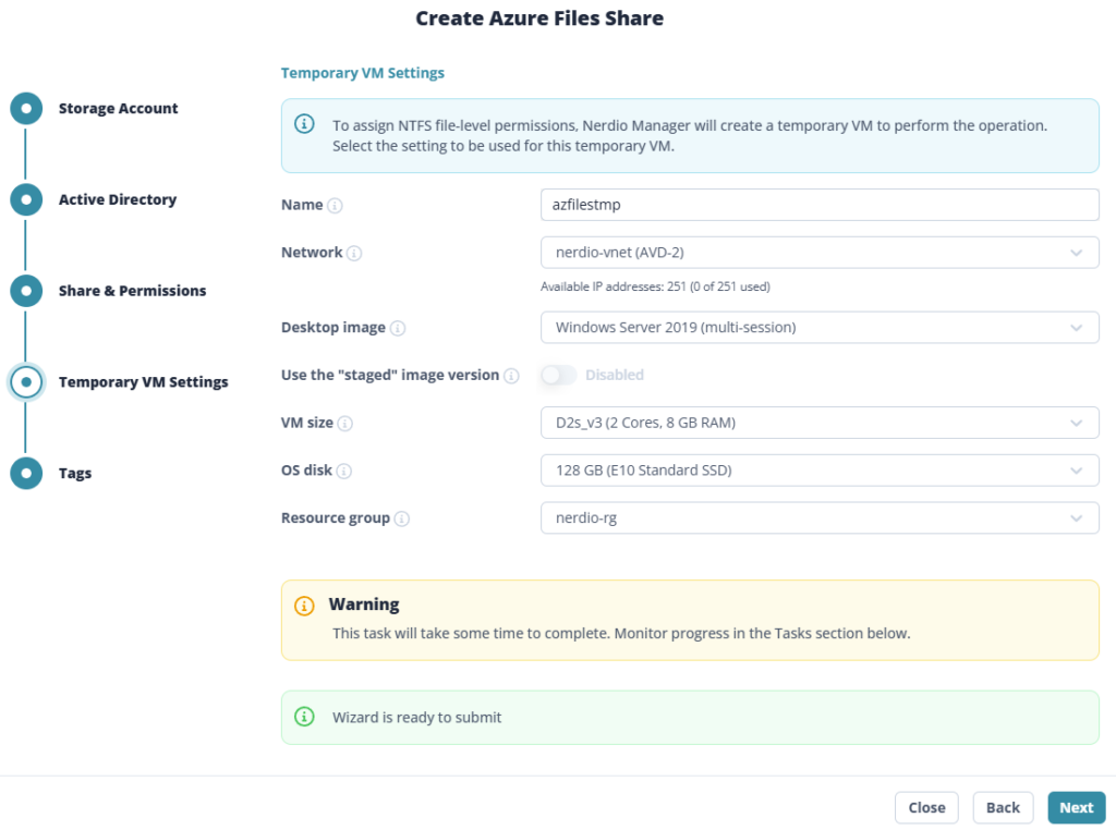 Wizard Nerdio — étape 4 Temporary VM Settings : taille de VM, subnet et image pour la VM temporaire
