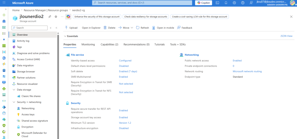 Portail Azure — statut du compte de stockage après le join Entra ID