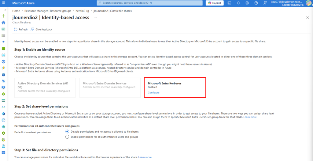 Portail Azure — onglet Identity du storage account avec l'authentification Entra Kerberos activée