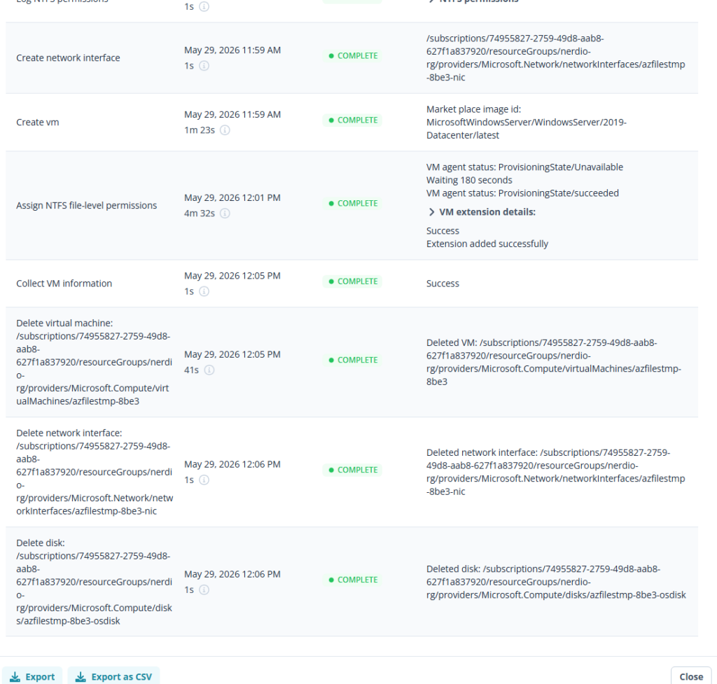 Log Nerdio après déploiement complet : toutes les étapes affichées comme réussies