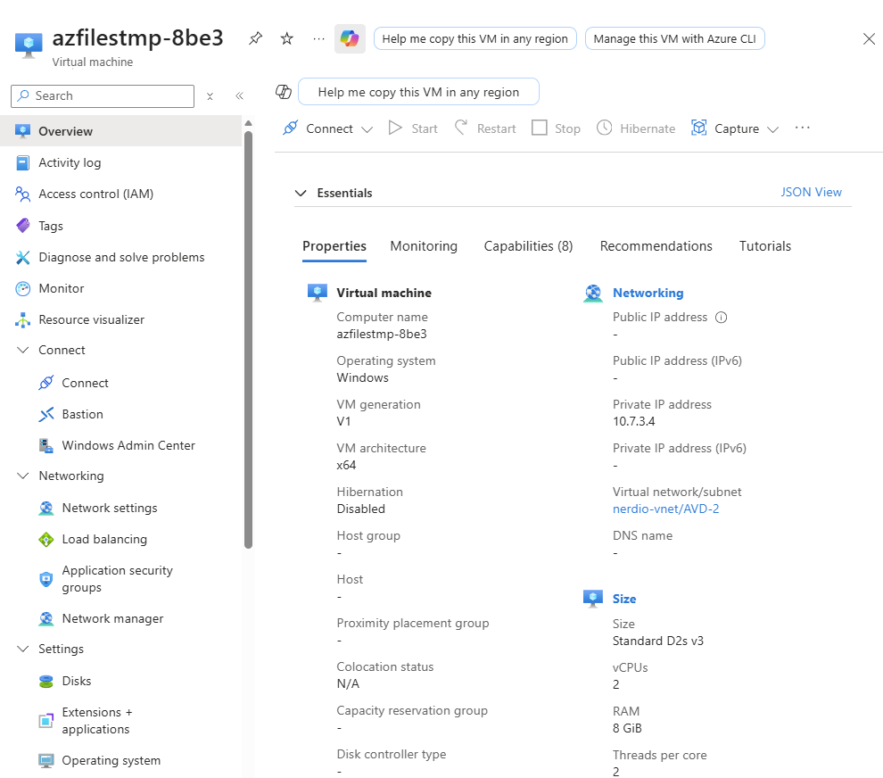 Portail Azure — machine virtuelle temporaire créée par Nerdio pour joindre le share et appliquer les ACL NTFS
