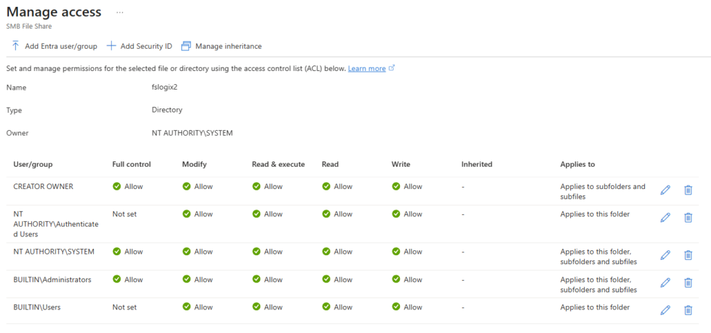 Azure Files share FSLogix — ACL NTFS appliquées par la VM temporaire (CREATOR OWNER, Authenticated Users, Administrators)