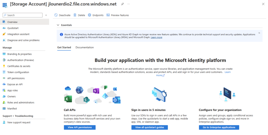 Entra ID — app registration créée automatiquement par Nerdio au nom du storage account Entra-joined