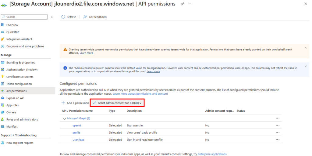 Entra ID → Enterprise Applications — bouton Grant admin consent for [tenant] sur l'app du storage account