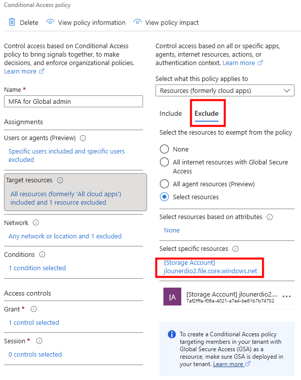 Entra ID — politique Conditional Access avec l'app storage account dans la liste d'exclusion MFA