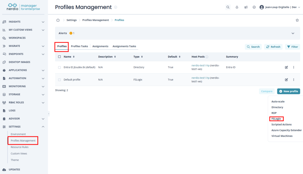 Nerdio Manager — écran de création d'un FSLogix Profile : nom, excluded users group, profile path, ODFC, Cloud Cache
