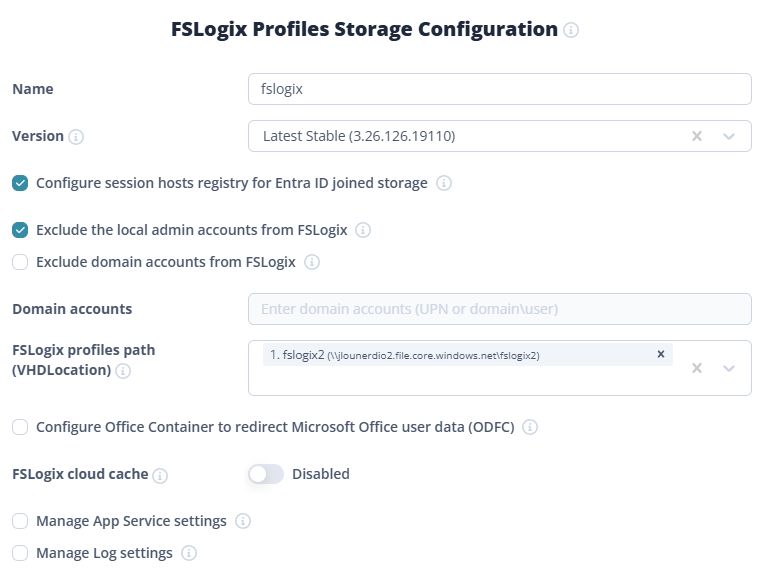 Nerdio Manager — matrice de réglages FSLogix avec les valeurs configurées (Not configured par défaut)