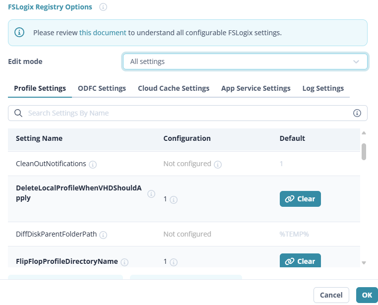 Nerdio Manager — icône œil au survol affichant la description complète de la clé registry FSLogix correspondante