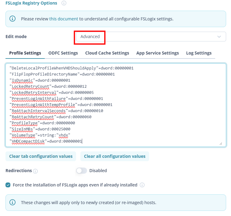 Nerdio Manager — mode Advanced pour saisir les clés registry FSLogix directement par nom et valeur