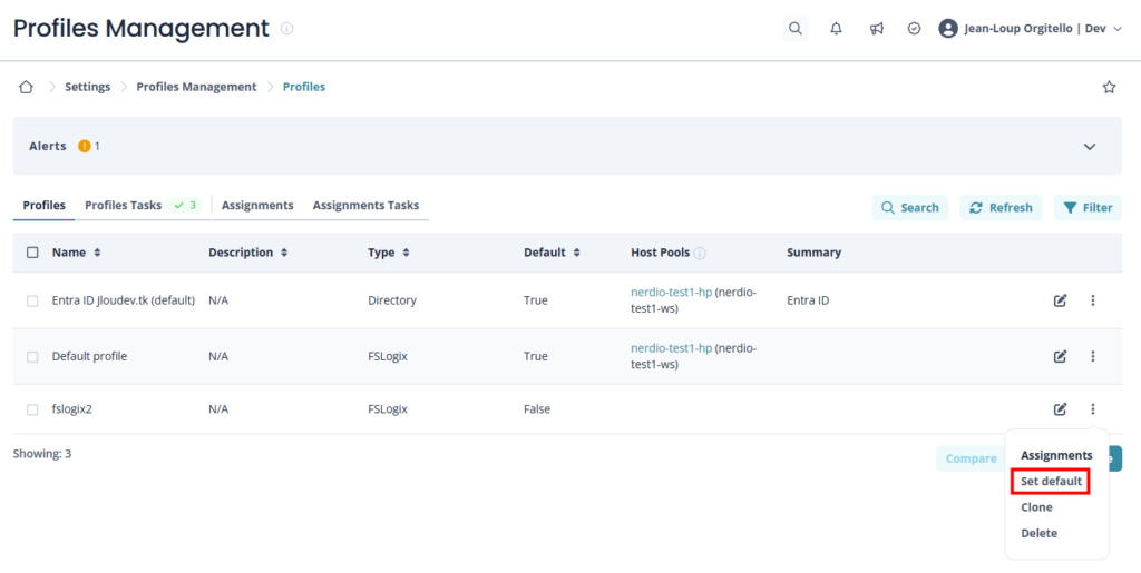 Nerdio Manager — menu trois points sur un FSLogix Profile avec l'option Set as default