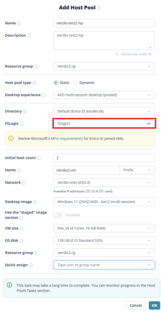 Nerdio Manager — liste des Scripted Actions configurées pour injecter FSLogix au boot des session hosts