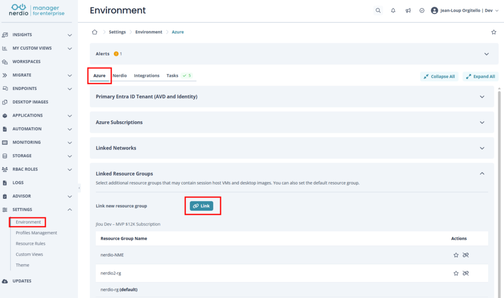 Portail Azure — création du resource group avant de le lier dans la console Nerdio