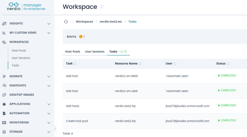 Nerdio Manager — vue d'ensemble du host pool avec ses session hosts après déploiement