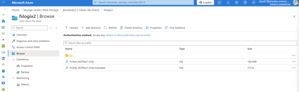 Azure Files share FSLogix — profil VHDX créé au premier login de l'utilisateur