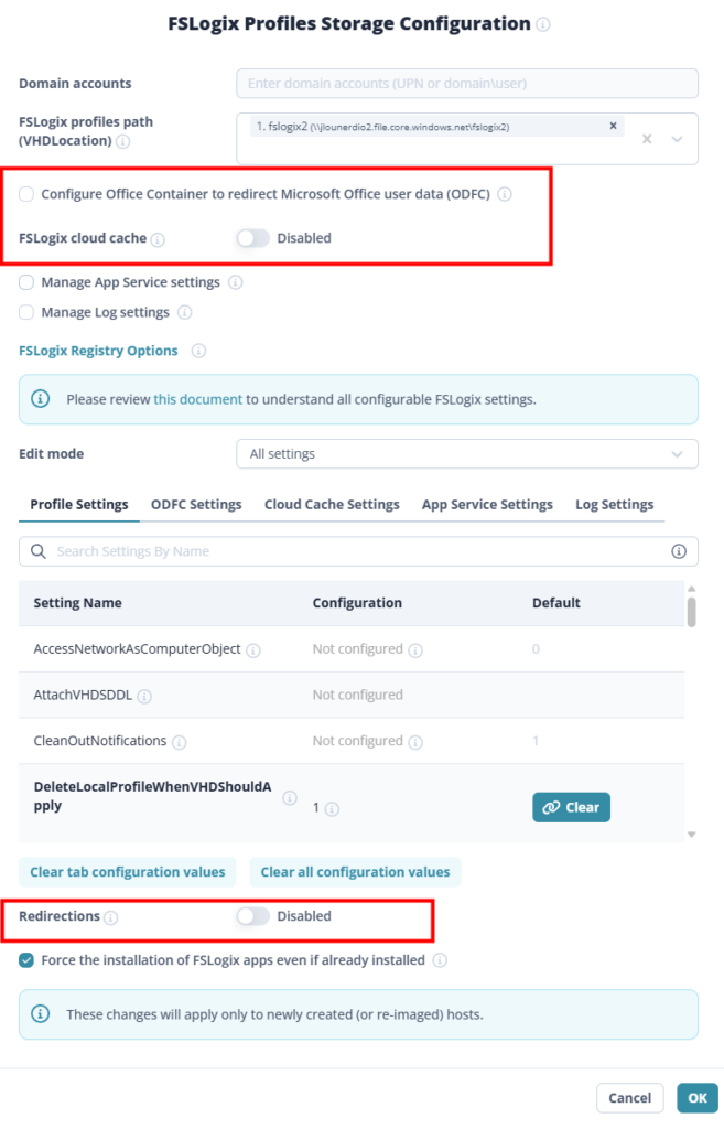 Nerdio Manager — onglet Profile Exclusions pour gérer les dossiers et fichiers exclus du profil FSLogix