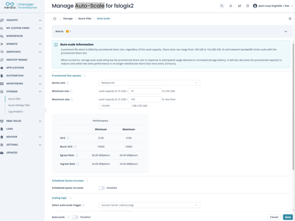 Nerdio Manager — Manage Auto-Scale for FSLogix : dimensionnement automatique des ressources de stockage