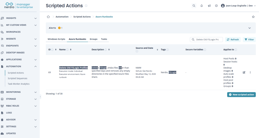 Nerdio Manager — Scripted Action de cleanup des profils FSLogix orphelins planifiable en récurrent (ex. mensuel)