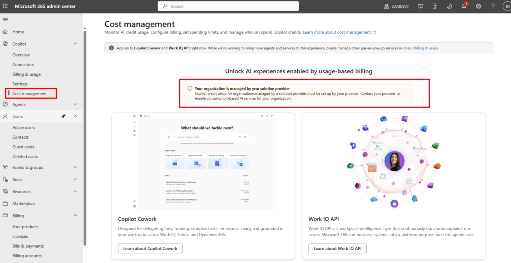 Bannière indiquant que l'organisation est gérée par un solution provider et que la gestion des Copilot Credits doit être configurée par le provider, après onboarding CSP