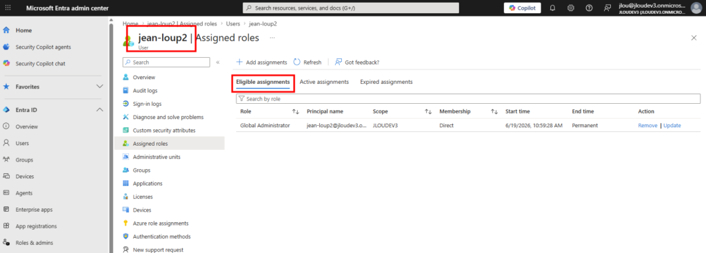 Activation just-in-time du rôle Global Administrator via Privileged Identity Management pour le second compte admin2