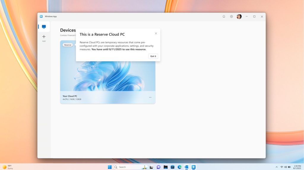 Invite de connexion à un Cloud PC Windows 365 Reserve dans la Windows App