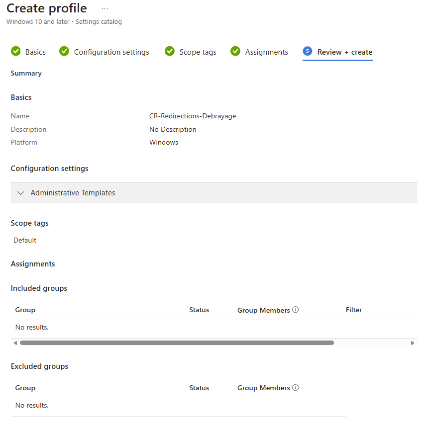 Récapitulatif Review + create d'une policy Settings catalog Intune avant validation finale