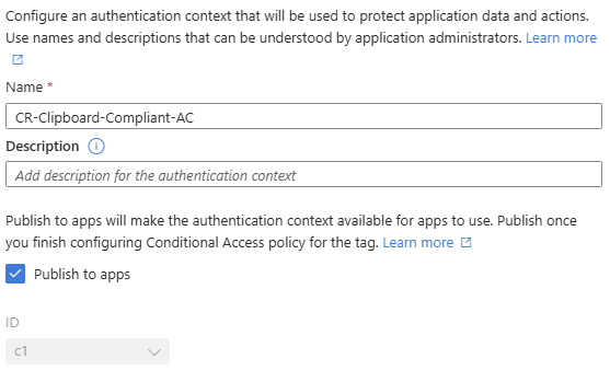 Formulaire de création du contexte d'authentification c1 dans Entra avec la case Publish to apps cochée et l'ID c1 sélectionné