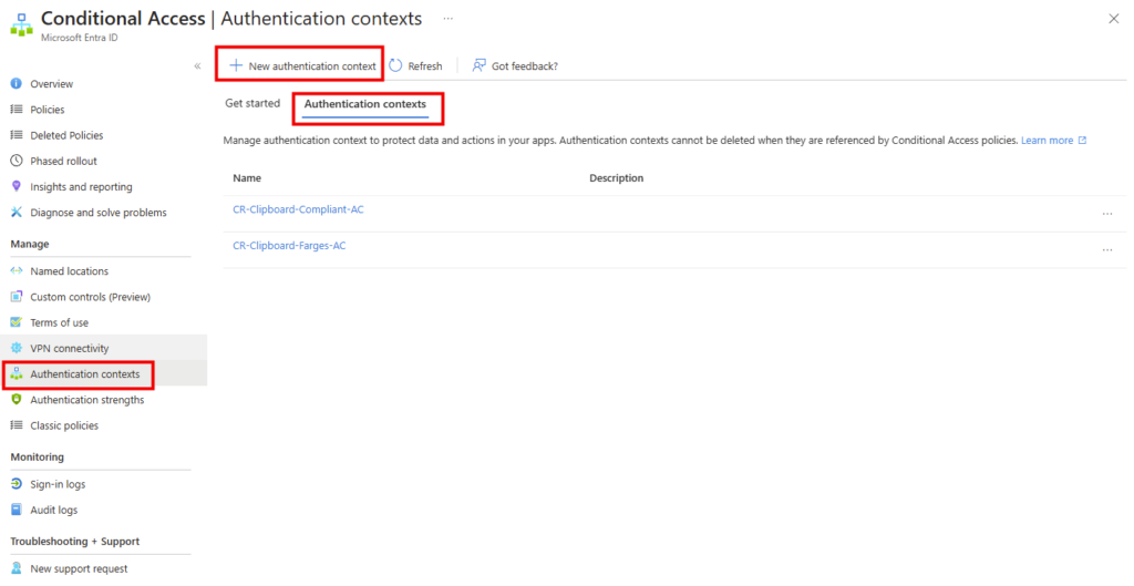 Liste des contextes d'authentification dans Entra Conditional Access avant la création du contexte c1