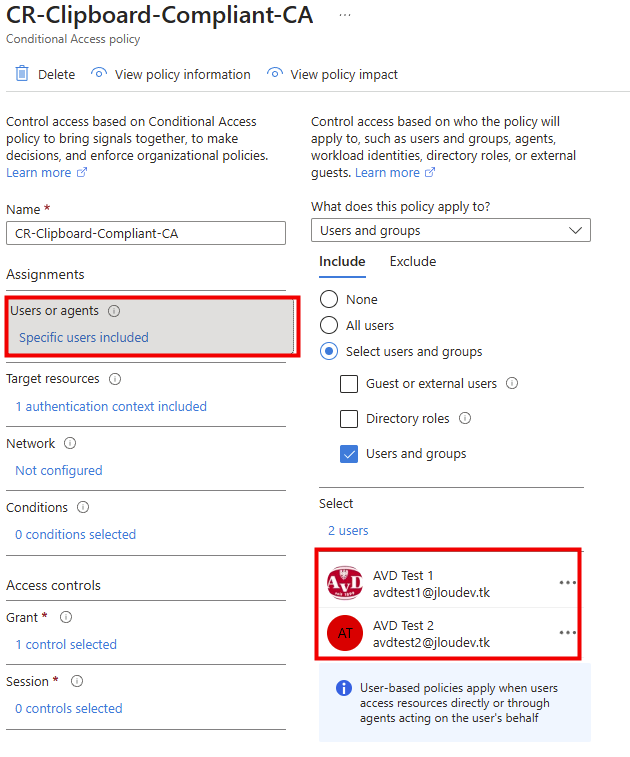 Blade Users d'une policy d'accès conditionnel avec All users sélectionné sous Include