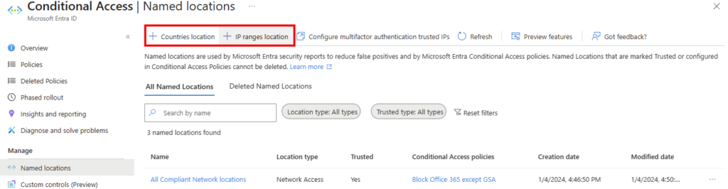 Création d'une Named location IP ranges dans Entra avec une plage CIDR et l'option Mark as trusted location