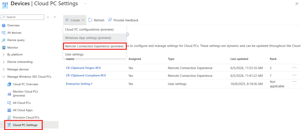 Menu Create des Cloud PC Settings dans Intune avec l'option Remote Connection Experience preview