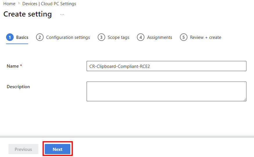 Onglet Basics d'une policy Remote Connection Experience avec le nom et la description renseignés