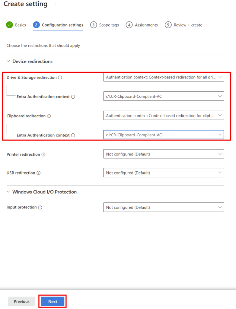 Section Device redirections de la policy RCE avec Clipboard, Drive, Printer et USB et le menu Authentication context Context-based redirection lié au contexte c1