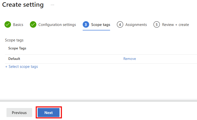 Onglet Scope tags d'une policy Remote Connection Experience dans Intune