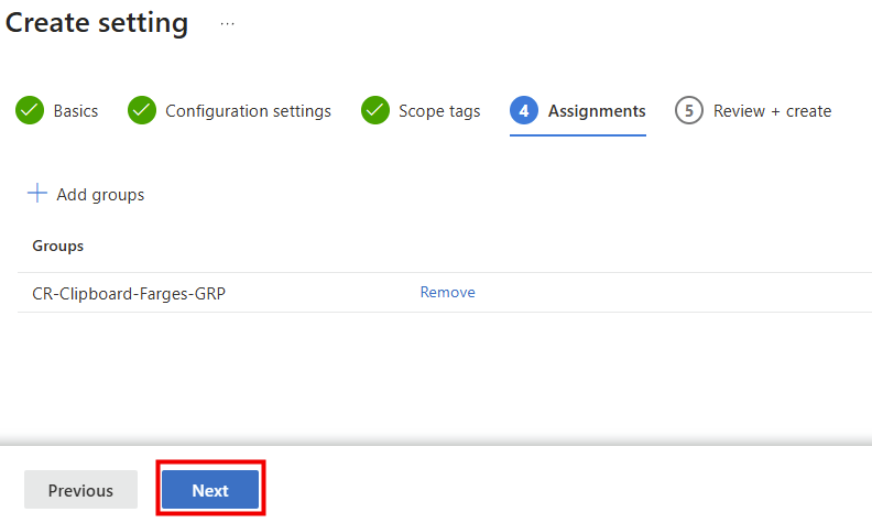 Assignation d'une policy Remote Connection Experience à un groupe de devices Cloud PC dans Intune