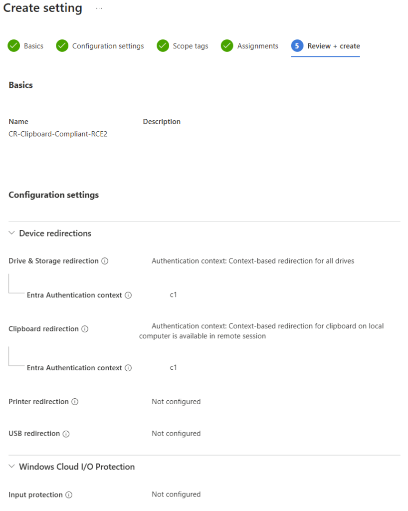 Récapitulatif Review + create d'une policy Remote Connection Experience avant validation