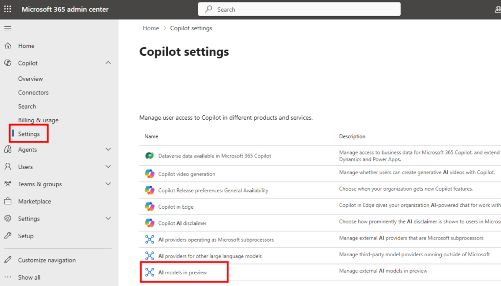 Écran AI models in preview du centre d'administration Microsoft 365 avec l'option Anthropic Models with Data Retention