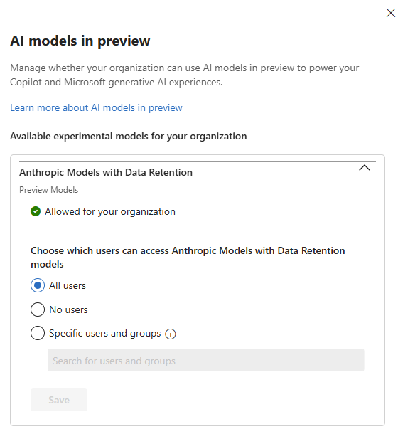 Choix de la portée d'accès au modèle : All users, No users ou Specific users and groups