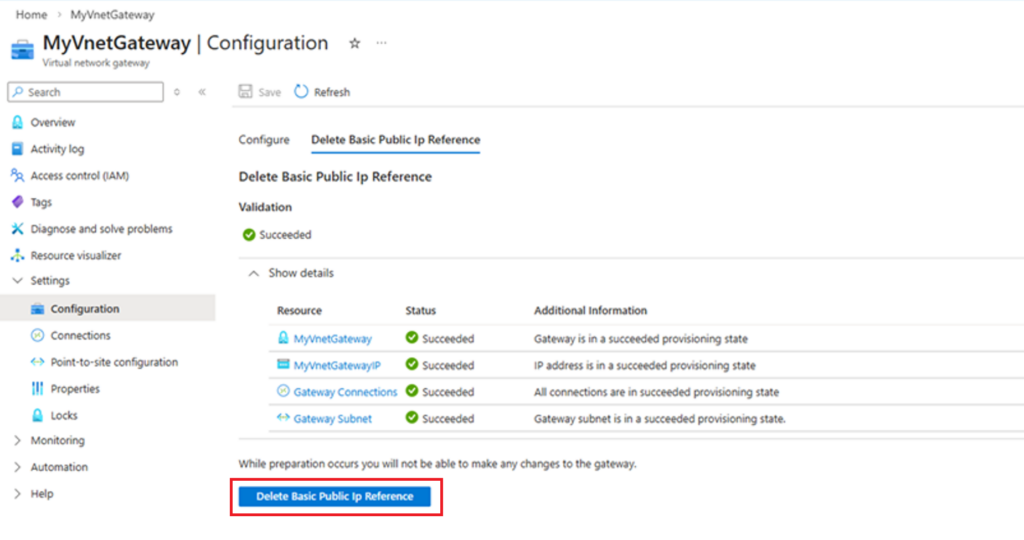 Bouton Delete Basic Public IP Reference dans la page Configuration de la VPN Gateway Basic SKU Azure, prêt à être cliqué