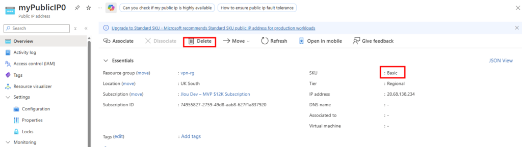 Ancienne ressource Public IP address de type Basic SKU dans un resource group Azure, à supprimer manuellement pour arrêter la facturation