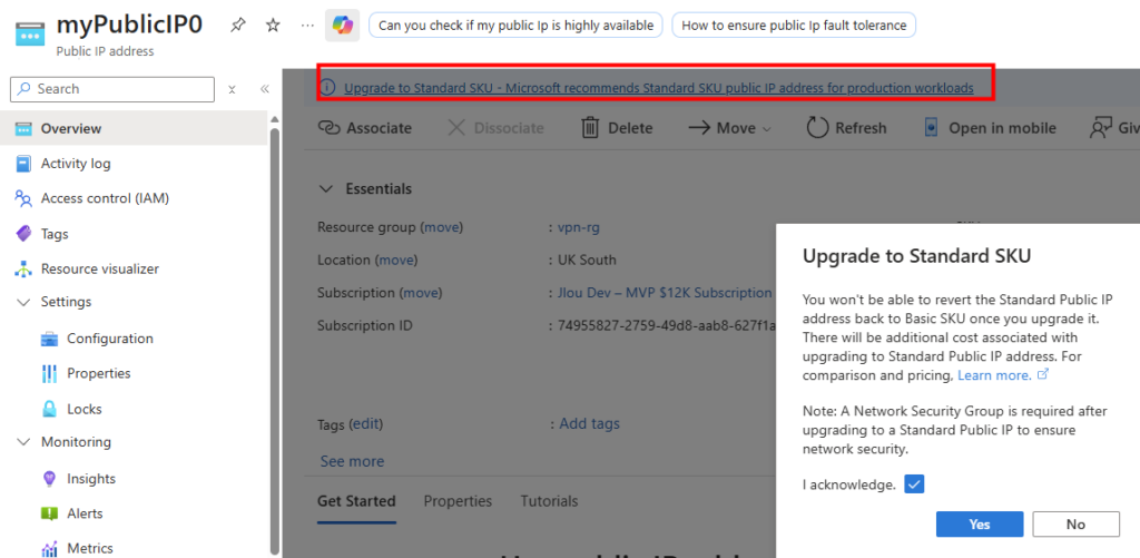 Ressource IP publique Basic SKU en état Failed provisioning state après tentative d'upgrade manuel vers Standard SKU