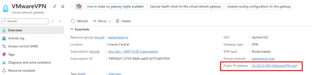 Portail Azure affichant l'adresse IP comme null sur la page Overview de la VPN Gateway Basic SKU après suppression de la référence Basic SKU