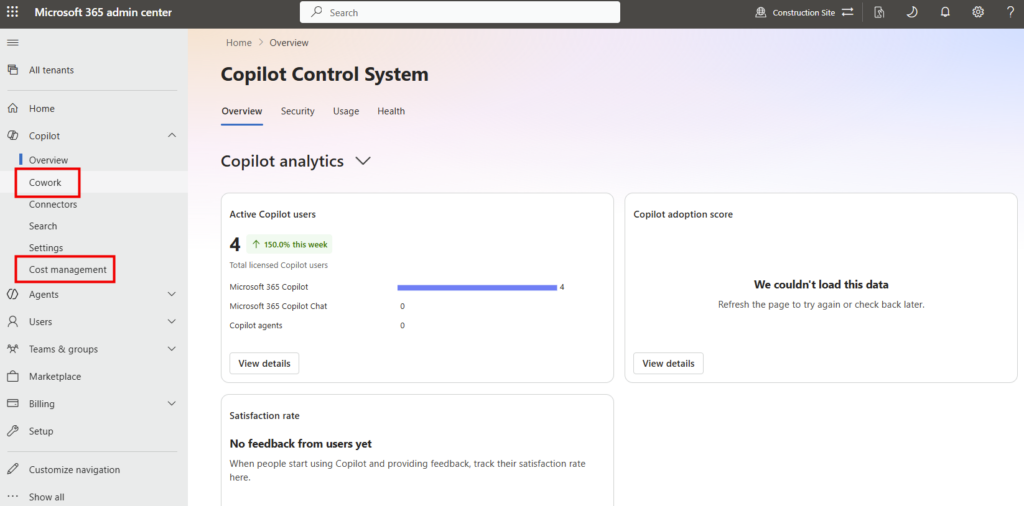 Menu Cost management dans la section Copilot du centre d'administration Microsoft 365