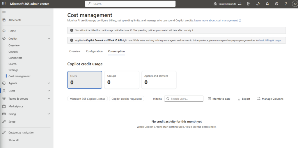 Tableau de bord Cost management avec les onglets Overview, Configuration et Consumption