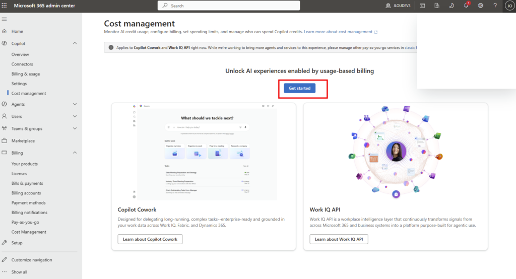 Page Cost management avant l'onboarding CSP : l'expérience de facturation à l'usage est disponible avec le bouton Get started