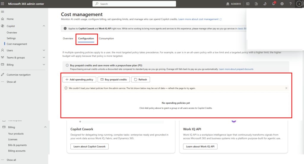 Onglet Configuration de Cost management chargé en tant que License Administrator, avec le bouton Add spending policy disponible