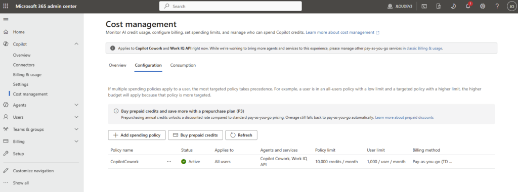 Spending policy active pour tous les utilisateurs, facturée en pay-as-you-go, vue depuis le compte Global Administrator principal